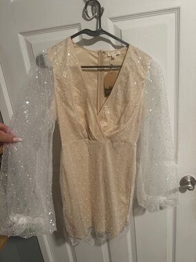 Main Strip Champagne Beaded V-Neck Dress